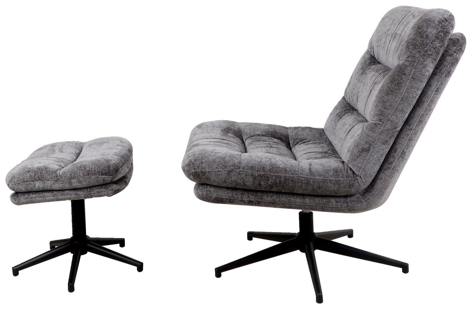 Grauer, drehbarer Sessel mit Hocker, seitliche Perspektive