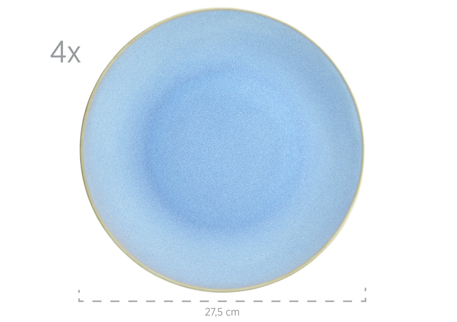 Runder, hellblauer Speiseteller mit feiner Sprenkel-Optik und schmalem beigem Rand, Ø 27,5 cm, Ansicht von oben; 4er-Set