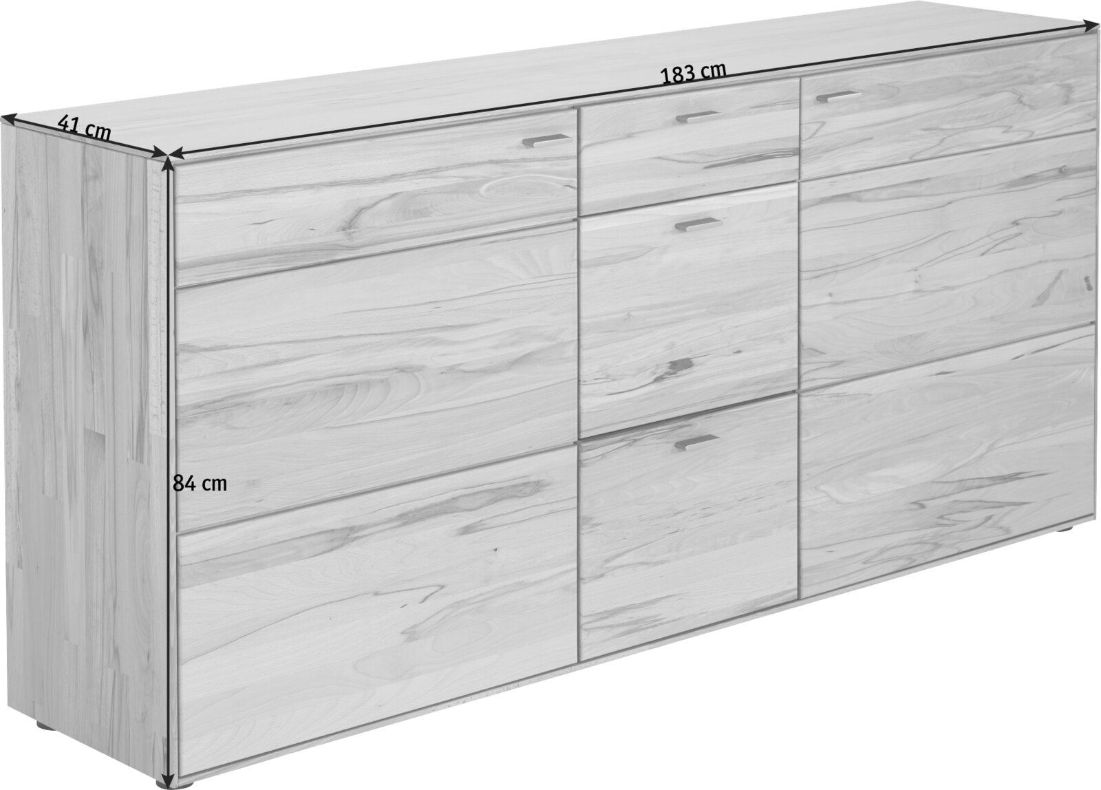 Sideboard aus Holz mit den Maßen 183 cm Breite, 84 cm Höhe und 41 cm Tiefe, seitliche Perspektive