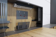 Wandschreibtisch mit Holzoptik und grauen Metallelementen, Perspektive von vorne