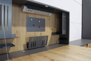 Wandbureau met houtlook en grijze metalen elementen, vooraanzicht