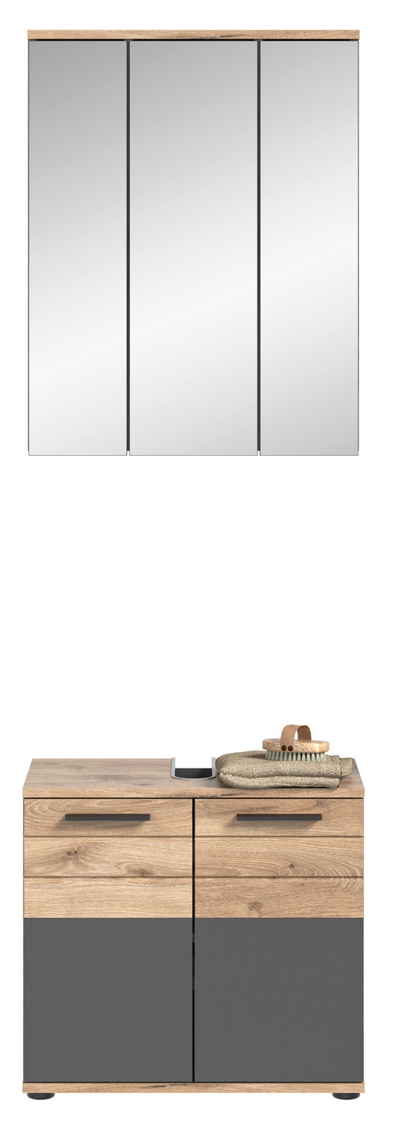 Badezimmerkombination mit dreiteiligem Spiegelschrank und Unterschrank in Holzoptik und grauen Fronten, frontal betrachtet.