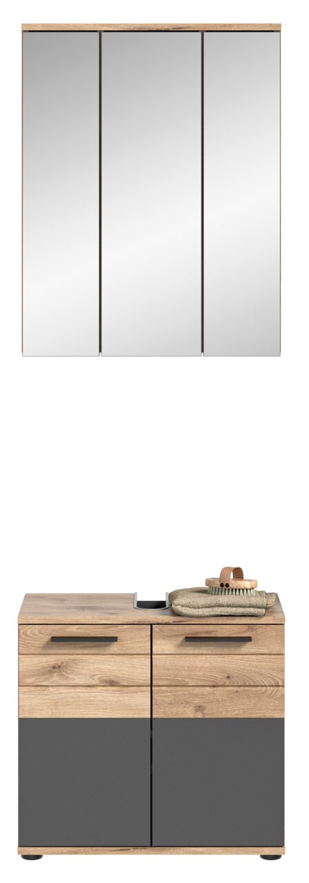 Badezimmerkombination mit dreiteiligem Spiegelschrank und Unterschrank in Holzoptik und grauen Fronten, frontal betrachtet.
