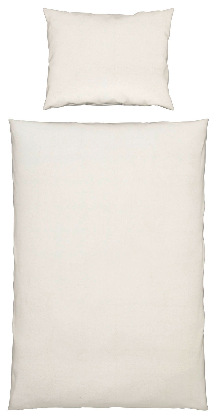 Novel Bettwäsche TEDDY Bettwäsche-Set in Weiß, bestehend aus einem Kopfkissenbezug und einem Bettdeckenbezug, aus der Vogelperspektive fotografiert.