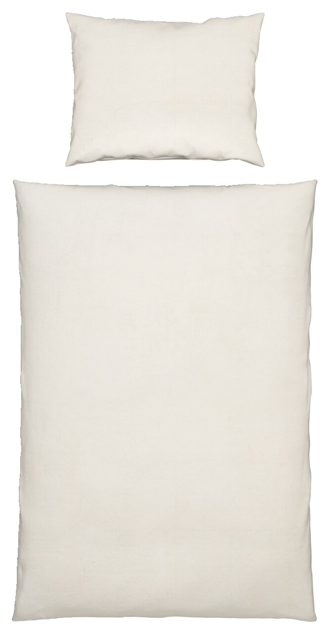 Bettwäsche-Set in Weiß, bestehend aus einem Kopfkissenbezug und einem Bettdeckenbezug, aus der Vogelperspektive fotografiert.