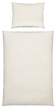 Bettwäsche-Set in Weiß, bestehend aus einem Kopfkissenbezug und einem Bettdeckenbezug, aus der Vogelperspektive fotografiert.