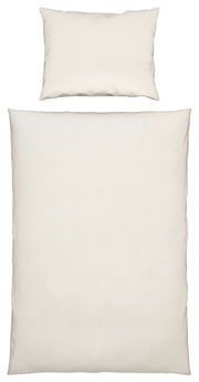 Bettwäsche-Set in Weiß, bestehend aus einem Kopfkissenbezug und einem Bettdeckenbezug, aus der Vogelperspektive fotografiert.