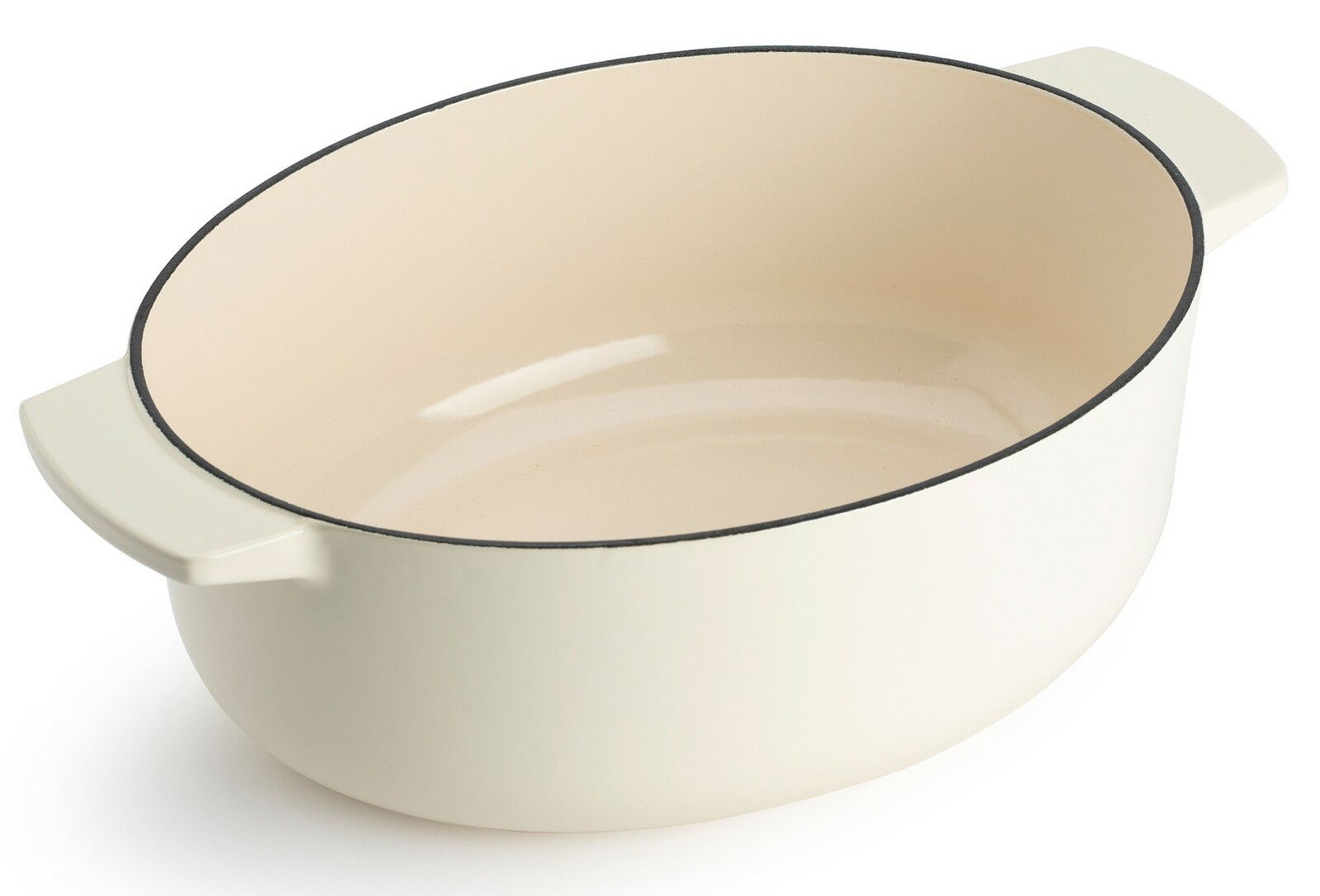 Ovaler Gusseisen Bräter 30 cm in Cremefarbe, seitliche Perspektive
