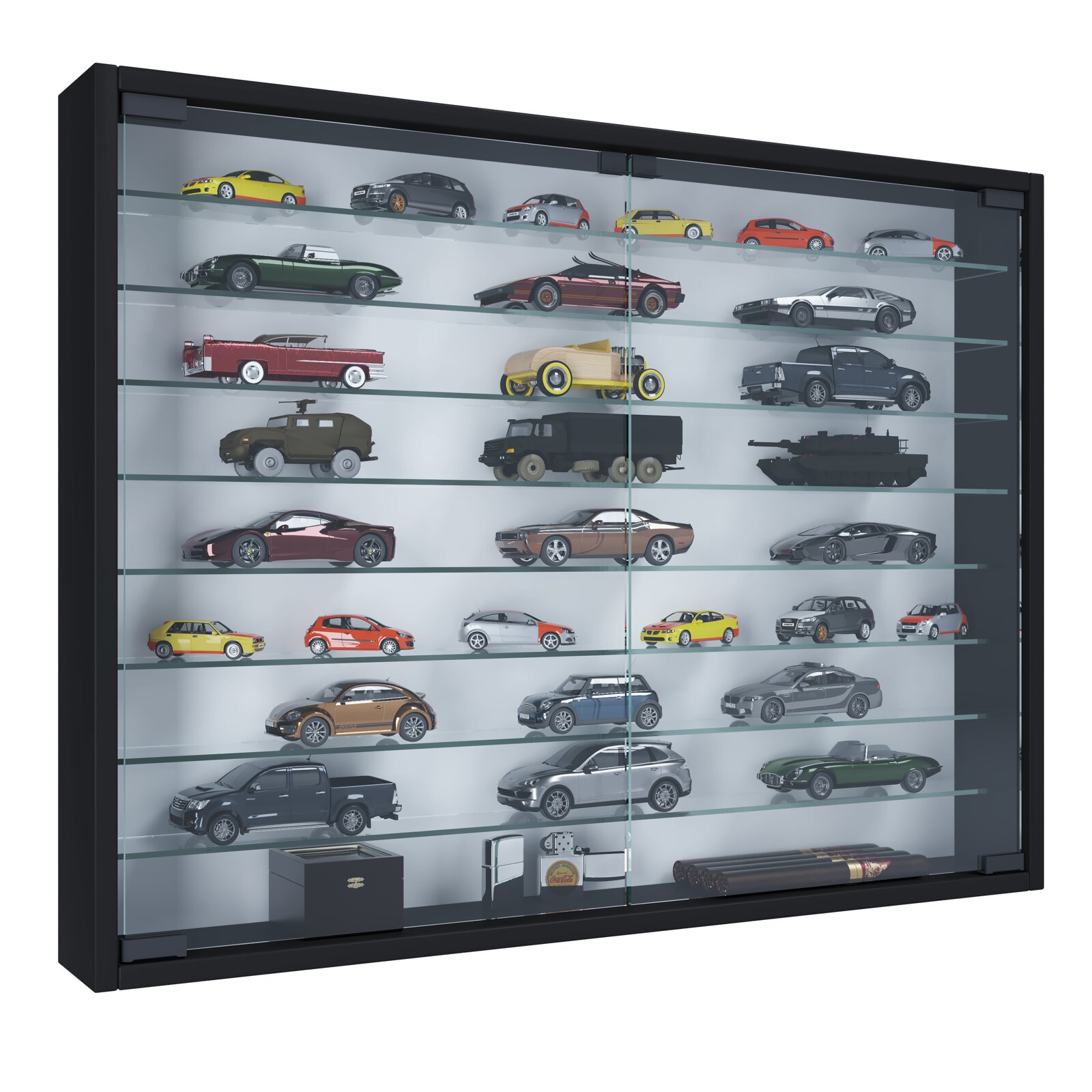 Schwarze Glasvitrine mit mehreren Glasböden und Schiebetüren, gefüllt mit Modellautos in verschiedenen Farben und Größen, Ansicht schräg von vorn links.