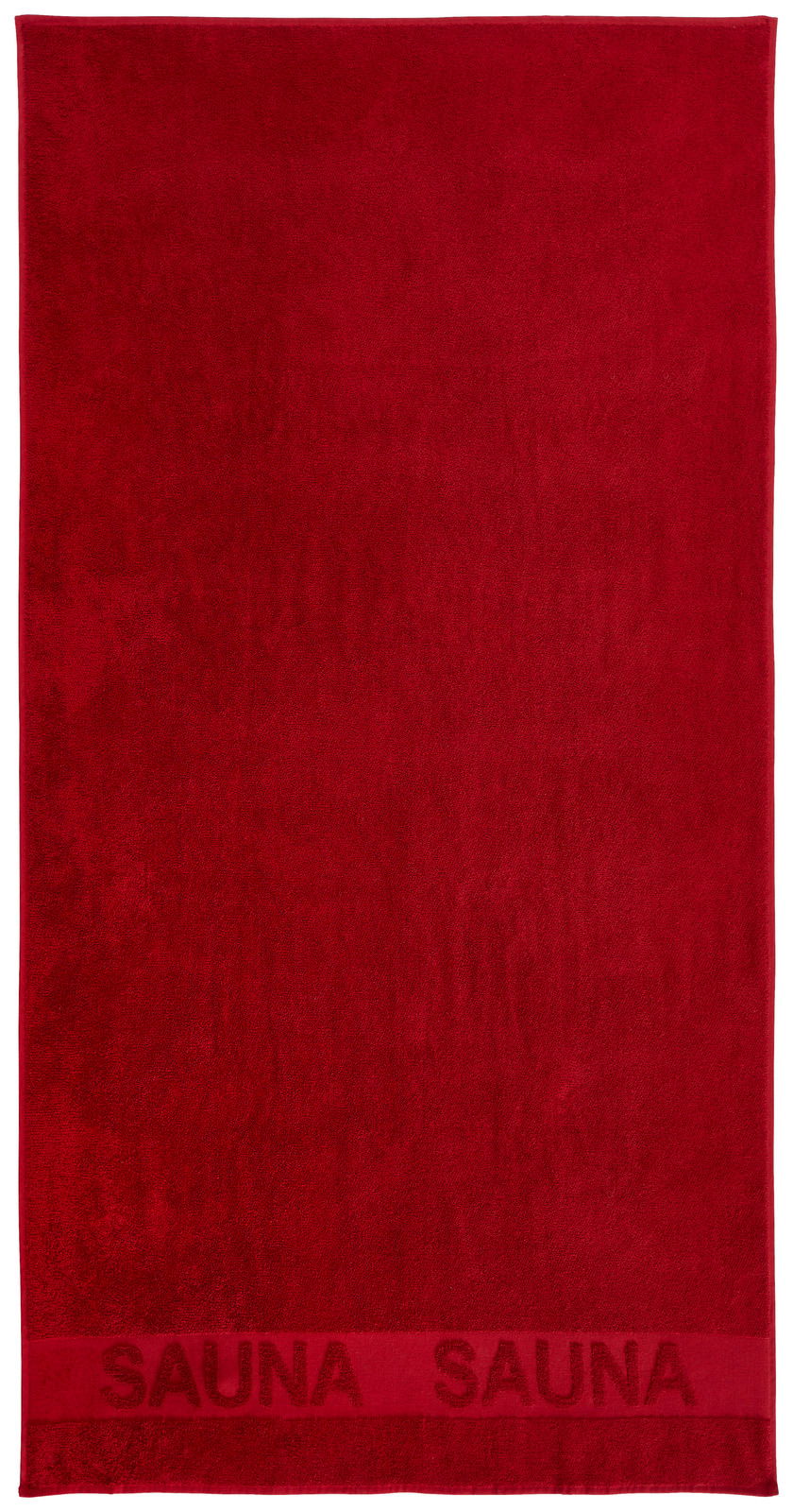 Rotes Saunatuch mit der Aufschrift 'SAUNA' am unteren Rand, aus der Vogelperspektive fotografiert.
