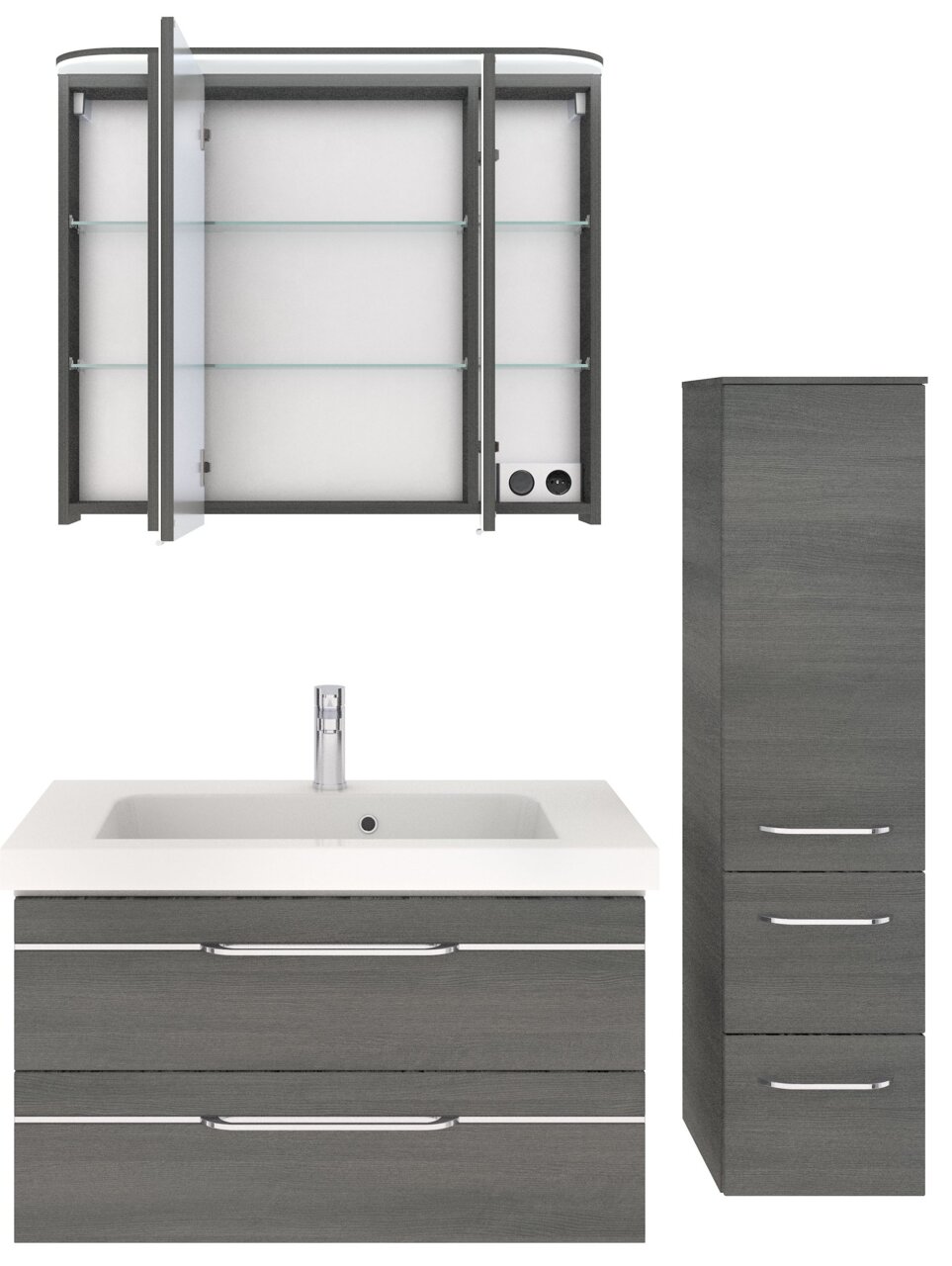 Badblock-Set bestehend aus einem Spiegelschrank mit offenen Türen, einem Waschbeckenunterschrank mit integriertem Waschbecken und einem hohen, schmalen Schrank, alle in moderner grauer Holzoptik, Frontalansicht.