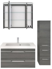 Badblock-Set bestehend aus einem Spiegelschrank mit offenen Türen, einem Waschbeckenunterschrank mit integriertem Waschbecken und einem hohen, schmalen Schrank, alle in moderner grauer Holzoptik, Frontalansicht.