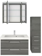 Badblock-Set bestehend aus einem Spiegelschrank mit offenen Türen, einem Waschbeckenunterschrank mit integriertem Waschbecken und einem hohen, schmalen Schrank, alle in moderner grauer Holzoptik, Frontalansicht.