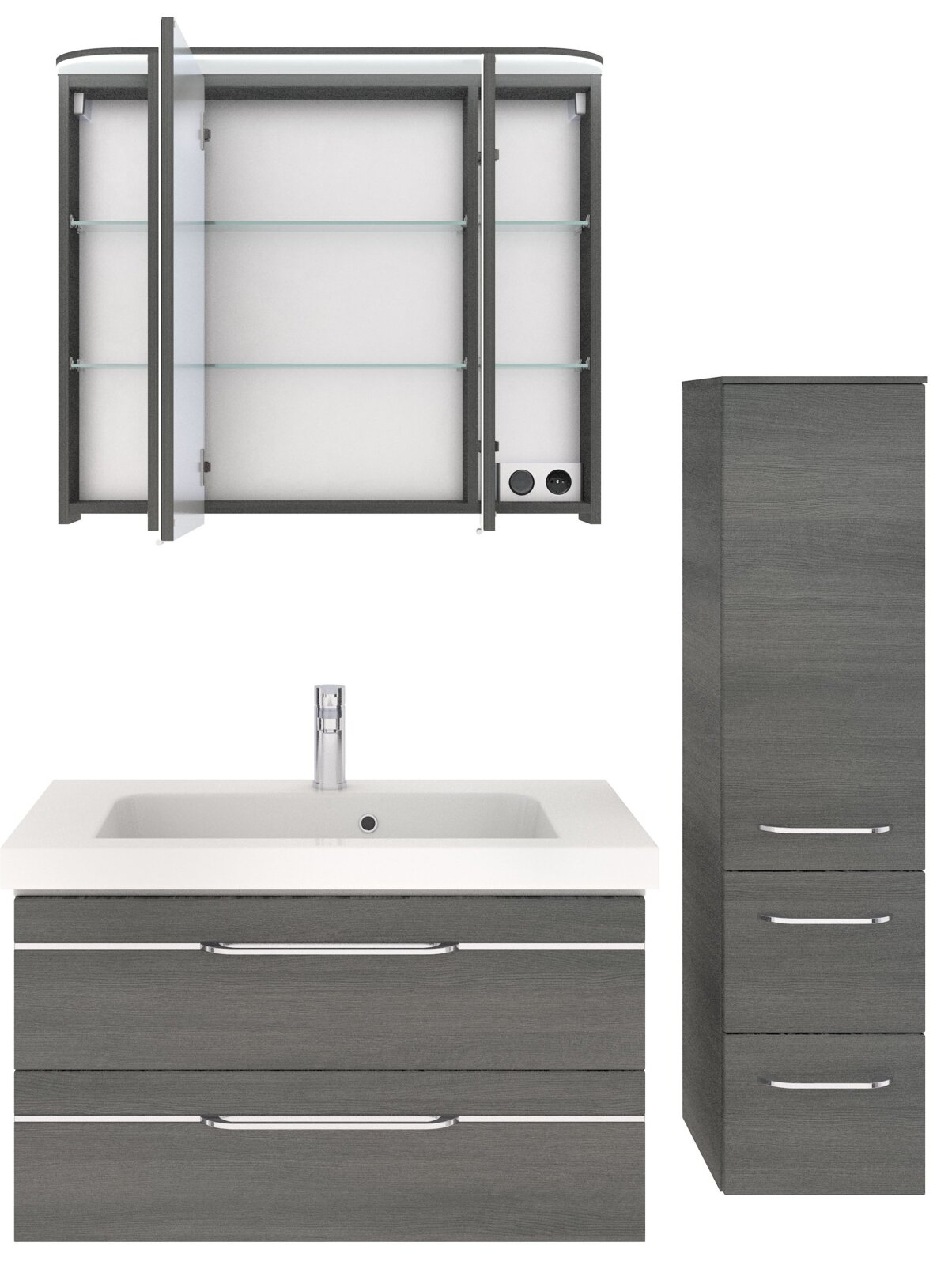 Badkamermeubelset bestaande uit een spiegelkast met open deuren, een wastafelonderkast met ingebouwde wastafel en een hoge, smalle kast, allemaal in een moderne grijze houtlook, vooraanzicht.