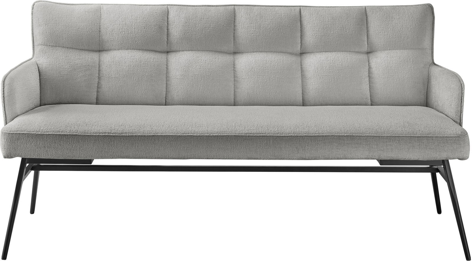 Graue Bank mit gepolsterter Rückenlehne und Sitzfläche, Metallbeine, Frontalansicht