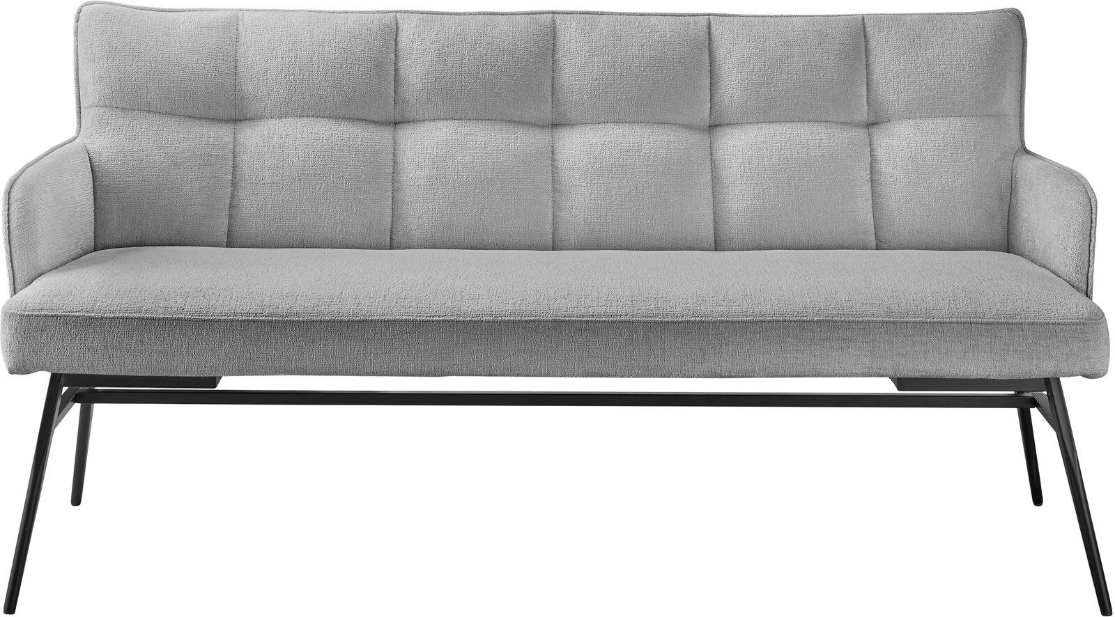 Graue Bank mit gepolsterter Rückenlehne und Sitzfläche, Metallbeine, Frontalansicht