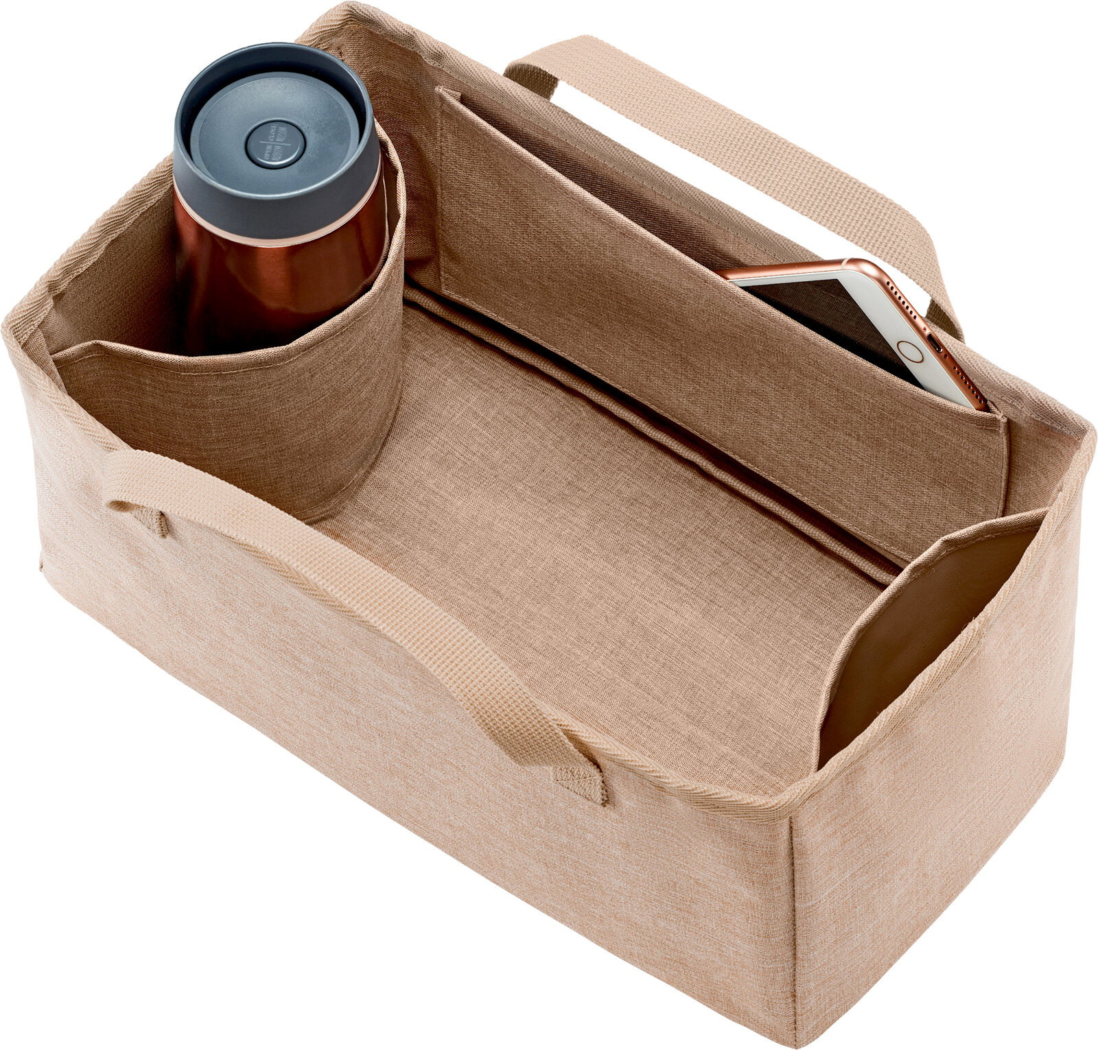 Beiger Stoff-Organizer mit Tragegriffen, Flaschenhalter und Innenfach für Smartphone, aus schräger Draufsicht