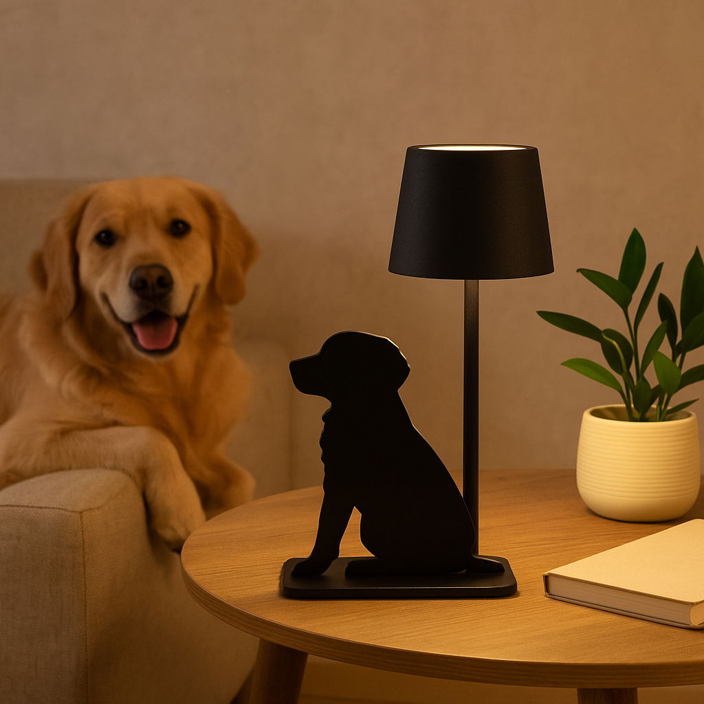 Akku-Tischleuchte mit schwarzem Hundesilhouetten-Design auf einem Holztisch, im Hintergrund ein lächelnder Hund auf einem Sofa. Perspektive: seitlich.