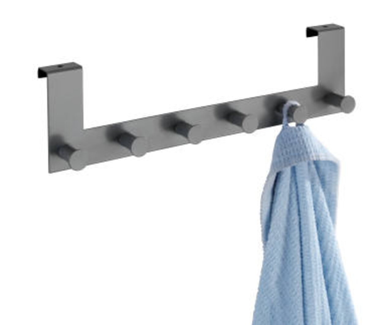 Türgarderobe Celano mit fünf Haken, seitliche Perspektive, mit einem blauen Handtuch.