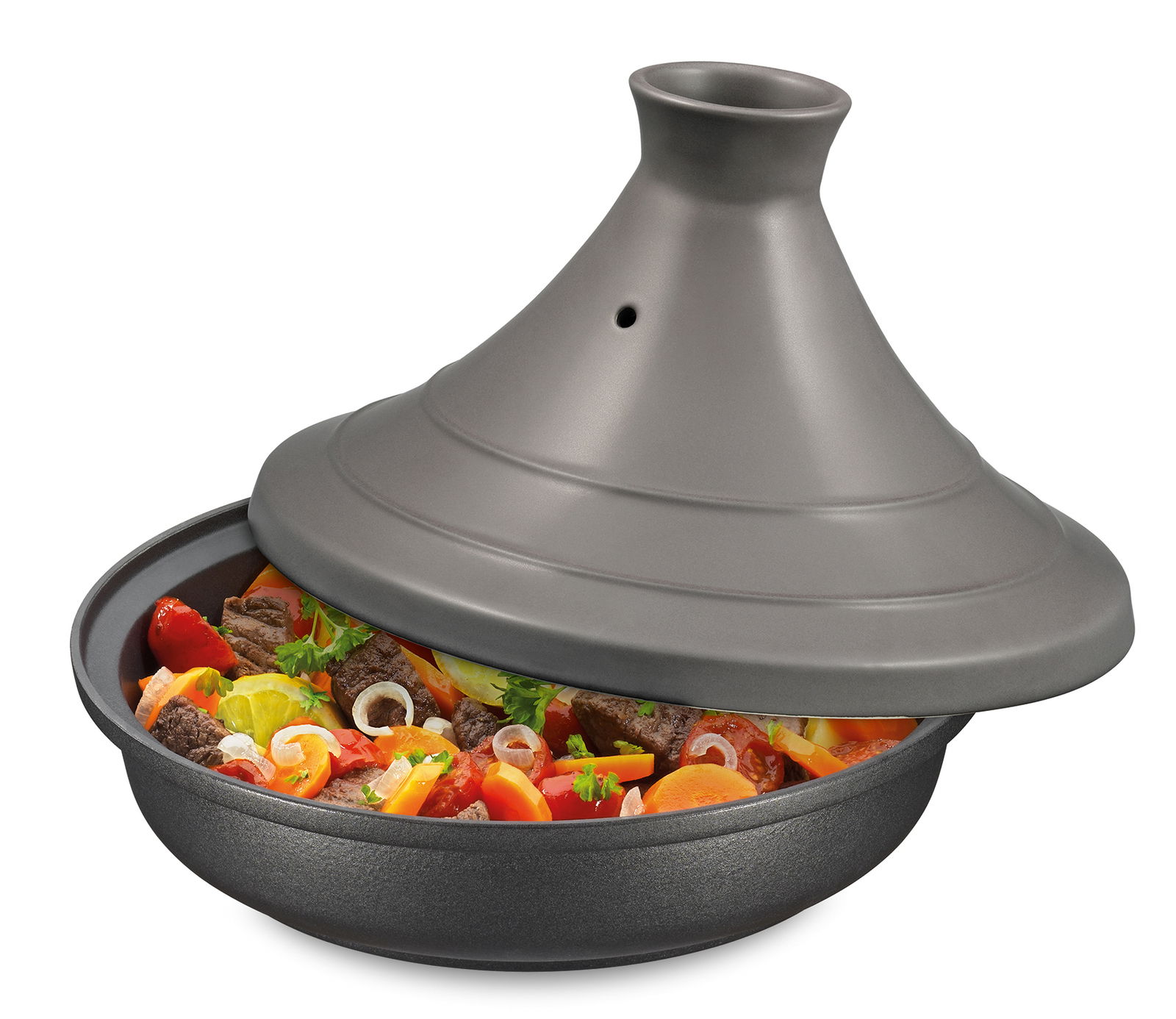 Graue Tajine Spring 28cm mit geöffnetem Deckel, gefüllt mit buntem Gemüse und Fleisch, seitliche Perspektive