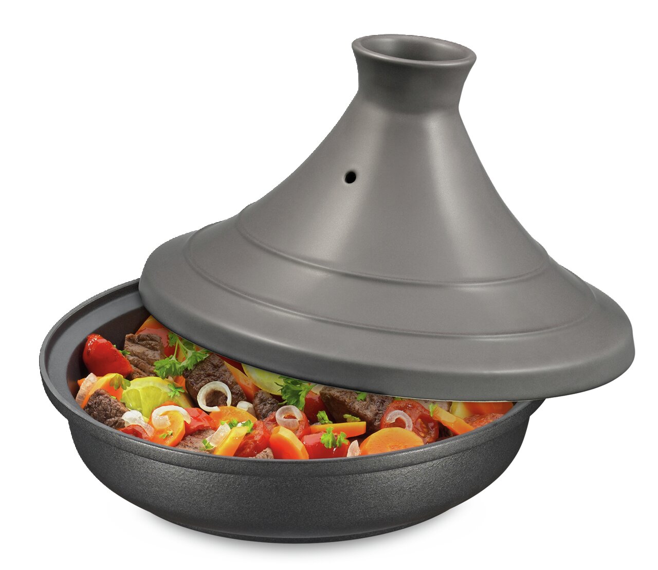 Graue Tajine Spring 28cm mit geöffnetem Deckel, gefüllt mit buntem Gemüse und Fleisch, seitliche Perspektive