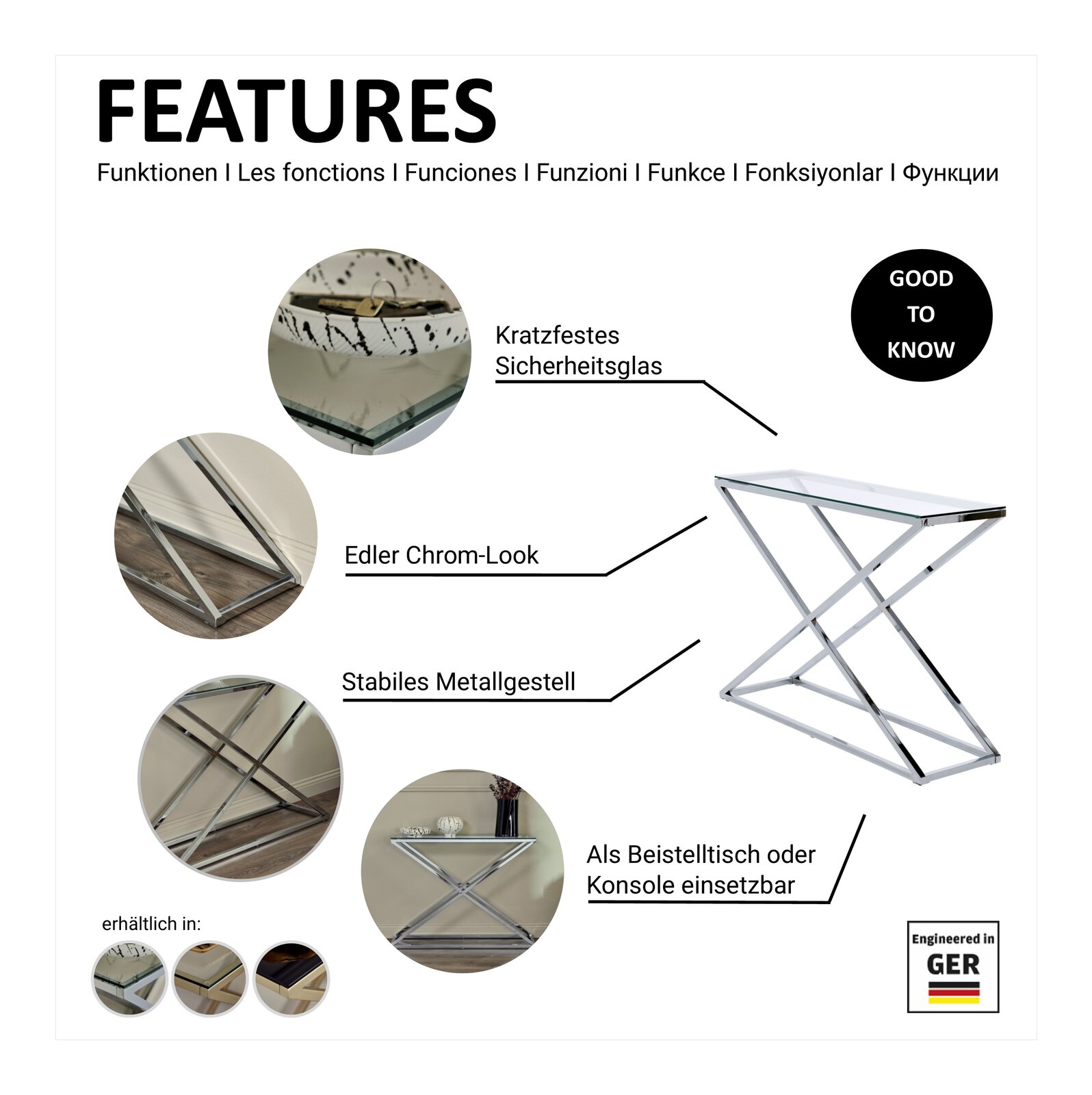 Moderner Beistelltisch oder Konsole mit kratzfestem Sicherheitsglas, edlem Chrom-Look und stabilem Metallgestell, seitliche Perspektive.