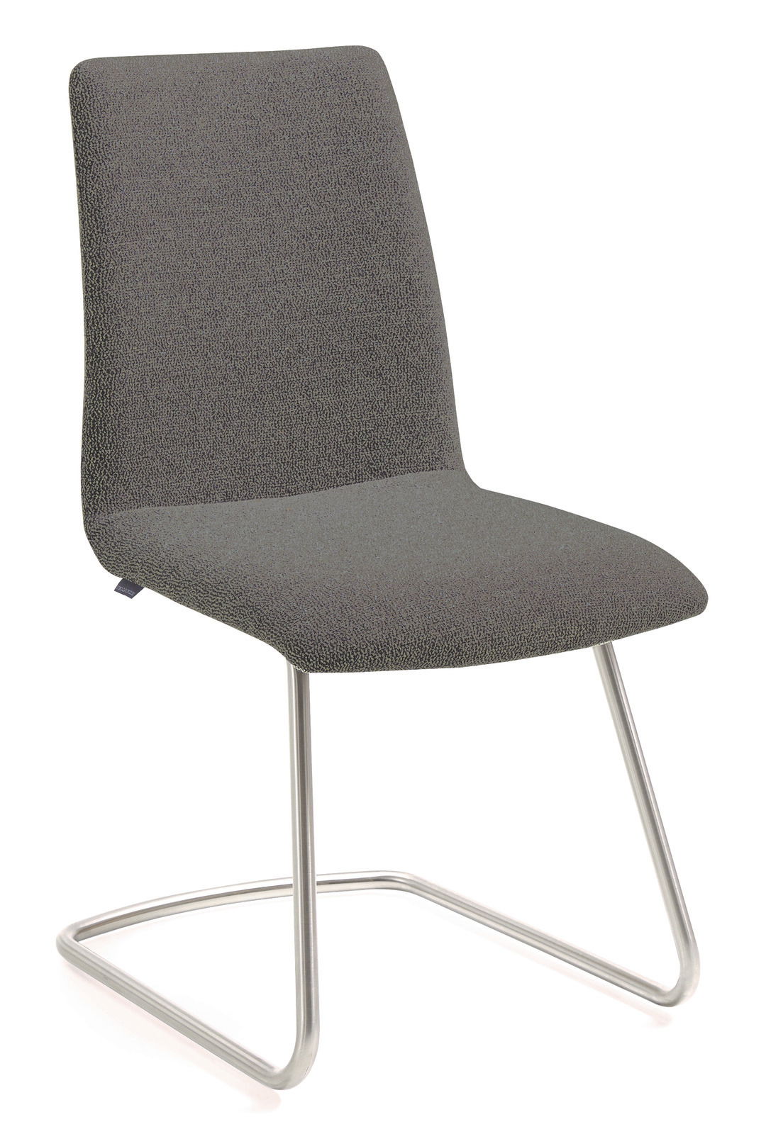 Moderner Freischwinger-Stuhl mit grauem Stoffbezug und Metallgestell, seitliche Perspektive