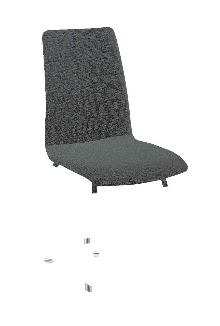 Moderner Freischwinger-Stuhl mit grauem Stoffbezug und Metallgestell, seitliche Perspektive