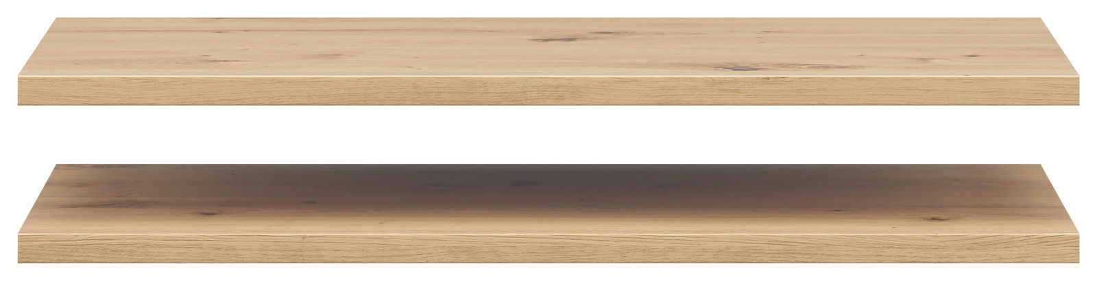 Zwei hölzerne Einlegeböden in Eichenoptik, frontal betrachtet.