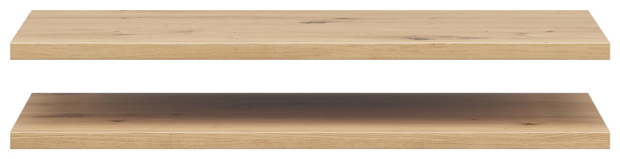 Zwei hölzerne Einlegeböden in Eichenoptik, frontal betrachtet.