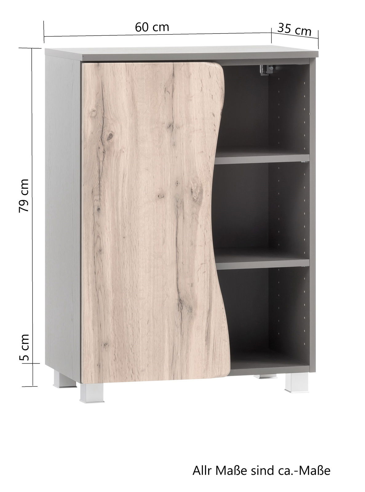 Unterschrank 60 cm breit, 79 cm hoch, 35 cm tief, mit einer Holztür und zwei offenen Regalfächern, Frontansicht