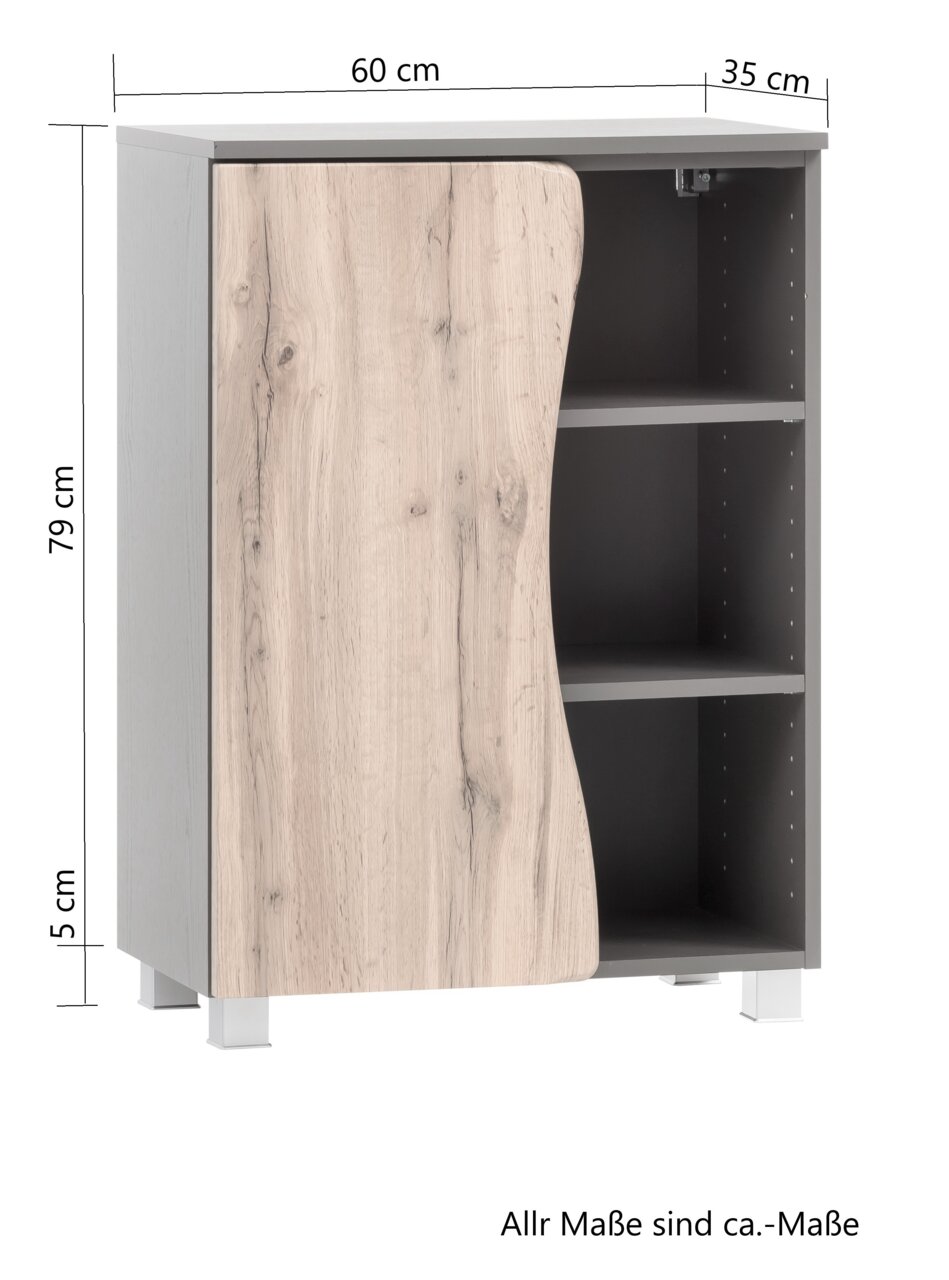 Onderkast van 60 cm breed, 79 cm hoog en 35 cm diep, met een houten deur en twee open vakken, vooraanzicht