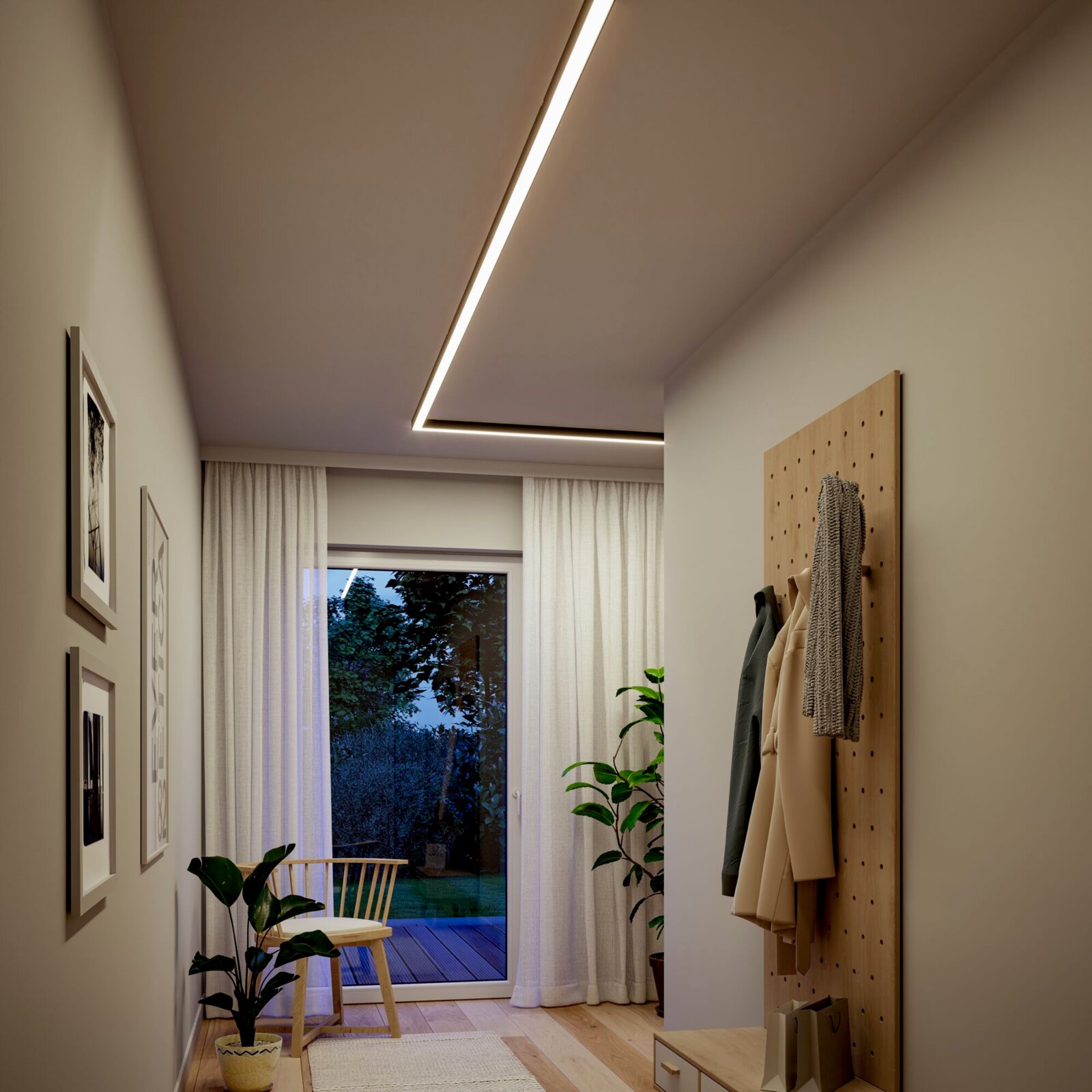 Moderne L-förmige LED-Deckenleuchte als Lichtlinie in einem Flur mit Garderobenwand und Fensterfront, Perspektive von unten nach oben in den Raum (Froschperspektive)