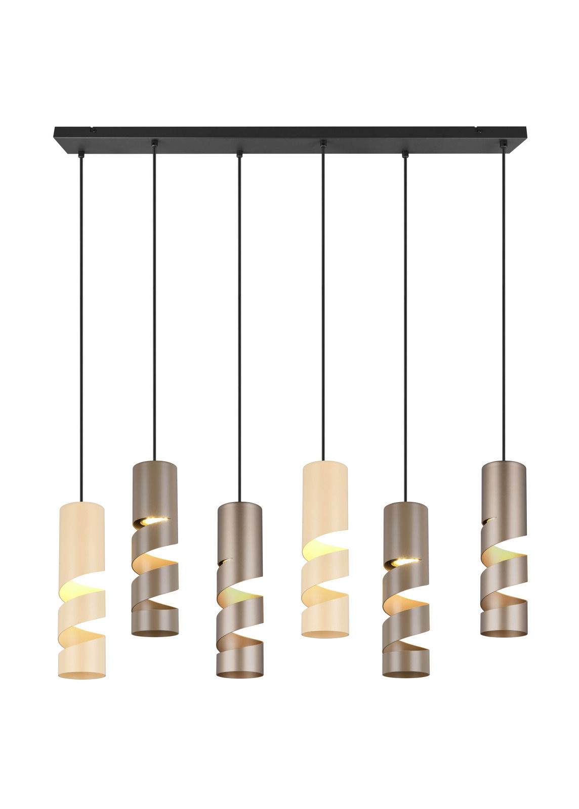 Moderne Pendelleuchte Stream mit sechs spiralförmigen Lampenschirmen in verschiedenen Farbtönen, von vorne betrachtet.
