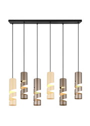 Moderne Pendelleuchte Stream mit sechs spiralförmigen Lampenschirmen in verschiedenen Farbtönen, von vorne betrachtet.