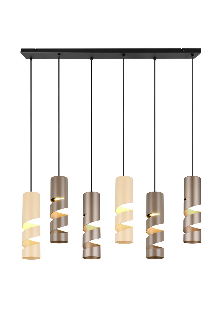 Moderne hanglamp Stream met zes spiraalvormige lampenkappen in verschillende kleuren, gezien vanaf de voorkant.