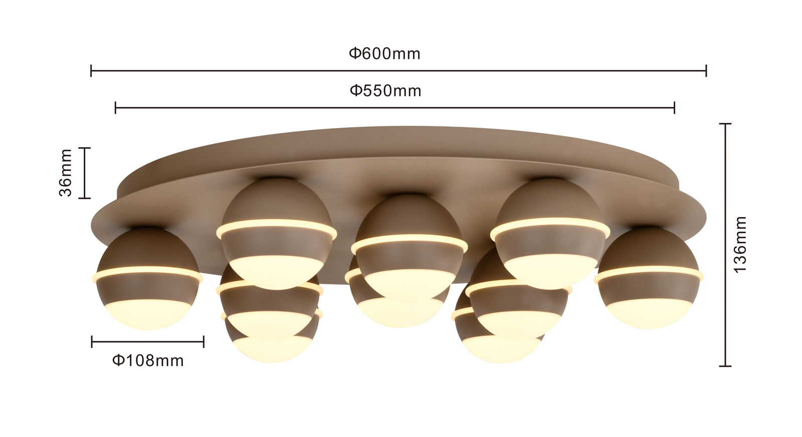 LED-Deckenleuchte mit mehreren kugelförmigen Leuchtelementen, seitliche Perspektive