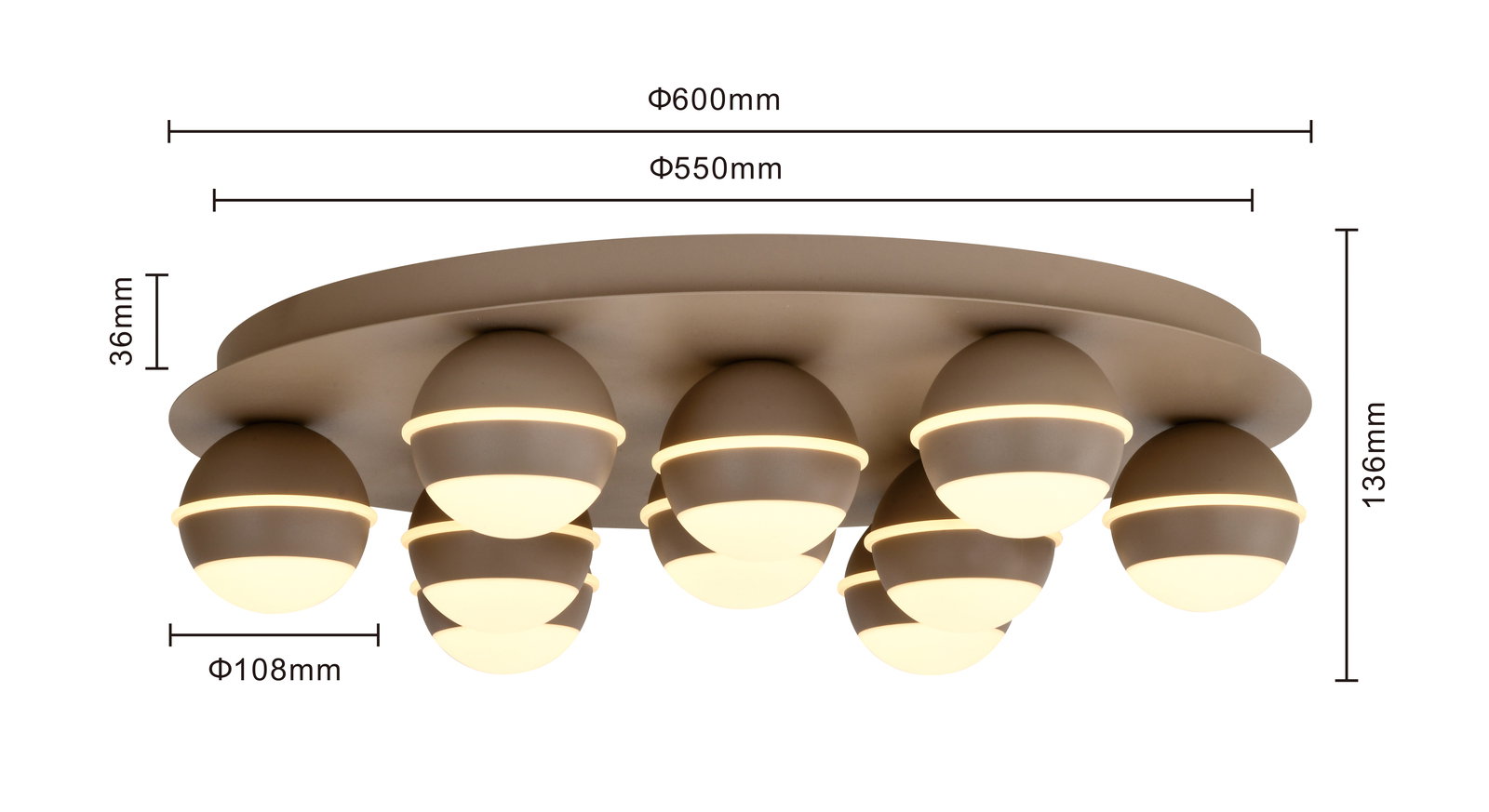 LED-Deckenleuchte mit mehreren kugelförmigen Leuchtelementen, seitliche Perspektive