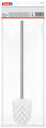 Ersatz-Toilettenbürste von tesa mit weißem Bürstenkopf und silbernem Griff, frontal abgebildet in transparenter Verpackung.