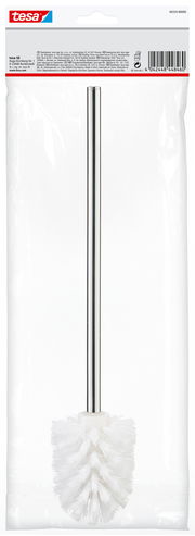 Ersatz-Toilettenbürste von tesa mit weißem Bürstenkopf und silbernem Griff, frontal abgebildet in transparenter Verpackung.