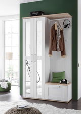 Kompakt-Garderobe in modernem Design mit Spiegel, Kleiderhaken und Sitzbank, seitliche Perspektive