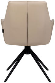 Rückansicht eines beigen Armlehnstuhls mit schwarzem Metallgestell