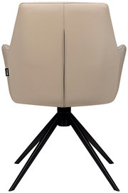 Rückansicht eines beigen Armlehnstuhls mit schwarzem Metallgestell