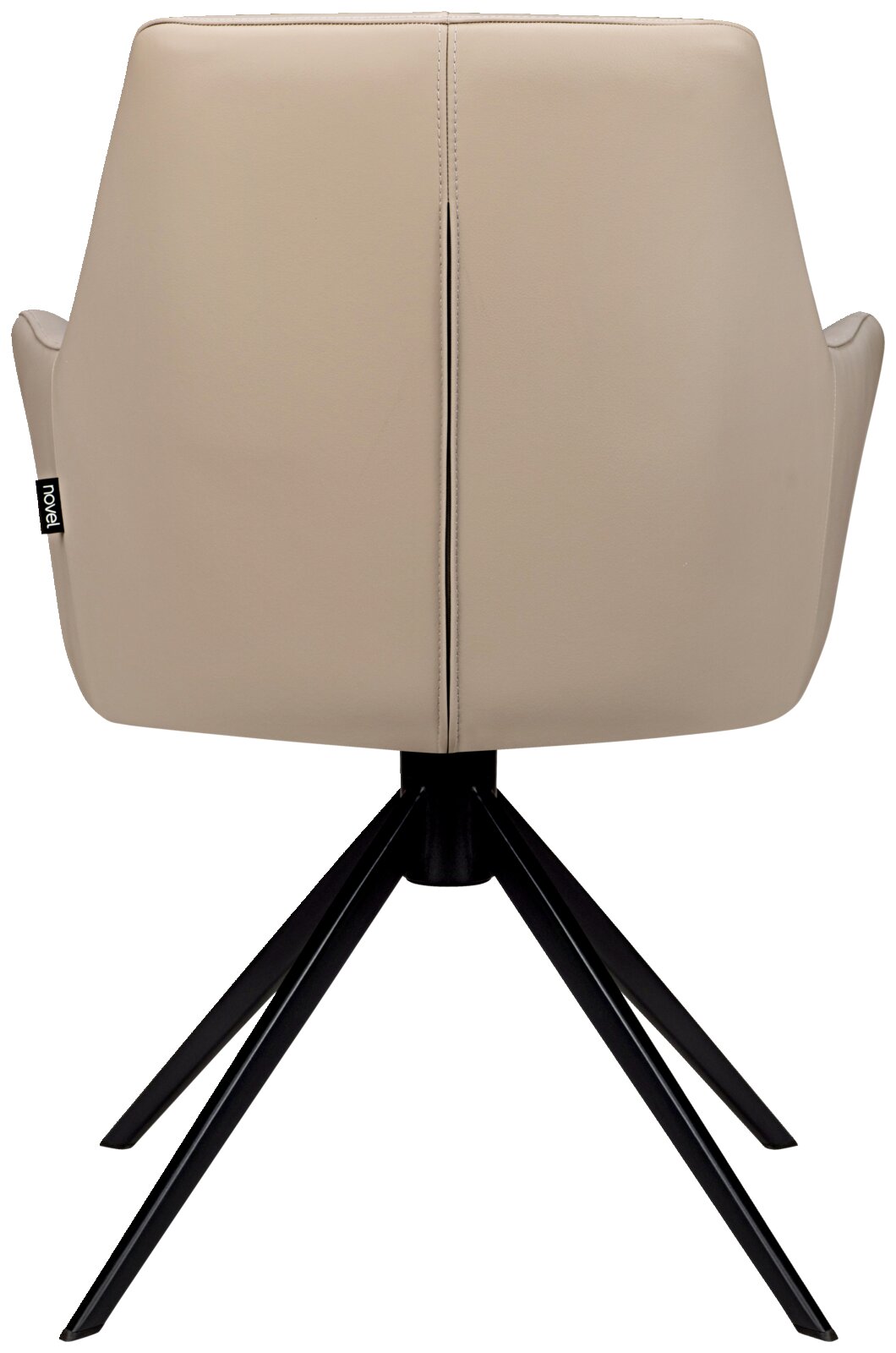 Achterkant van een beige fauteuil met een zwart metalen frame