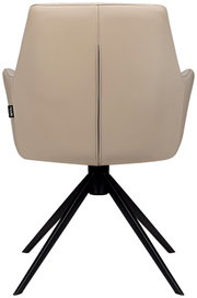 Achterkant van een beige fauteuil met een zwart metalen frame