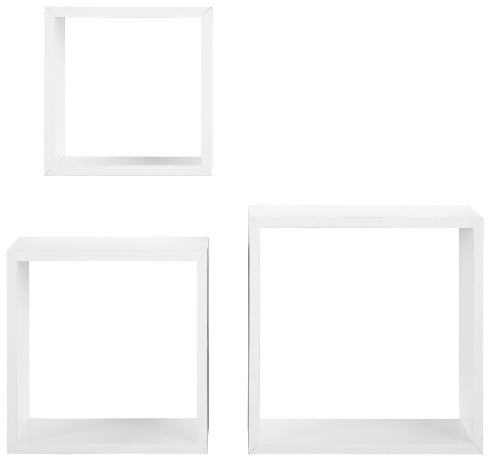 Dreiteiliges Wandregal-Set in Weiß, bestehend aus quadratischen und rechteckigen Regalen, frontal abgebildet.
