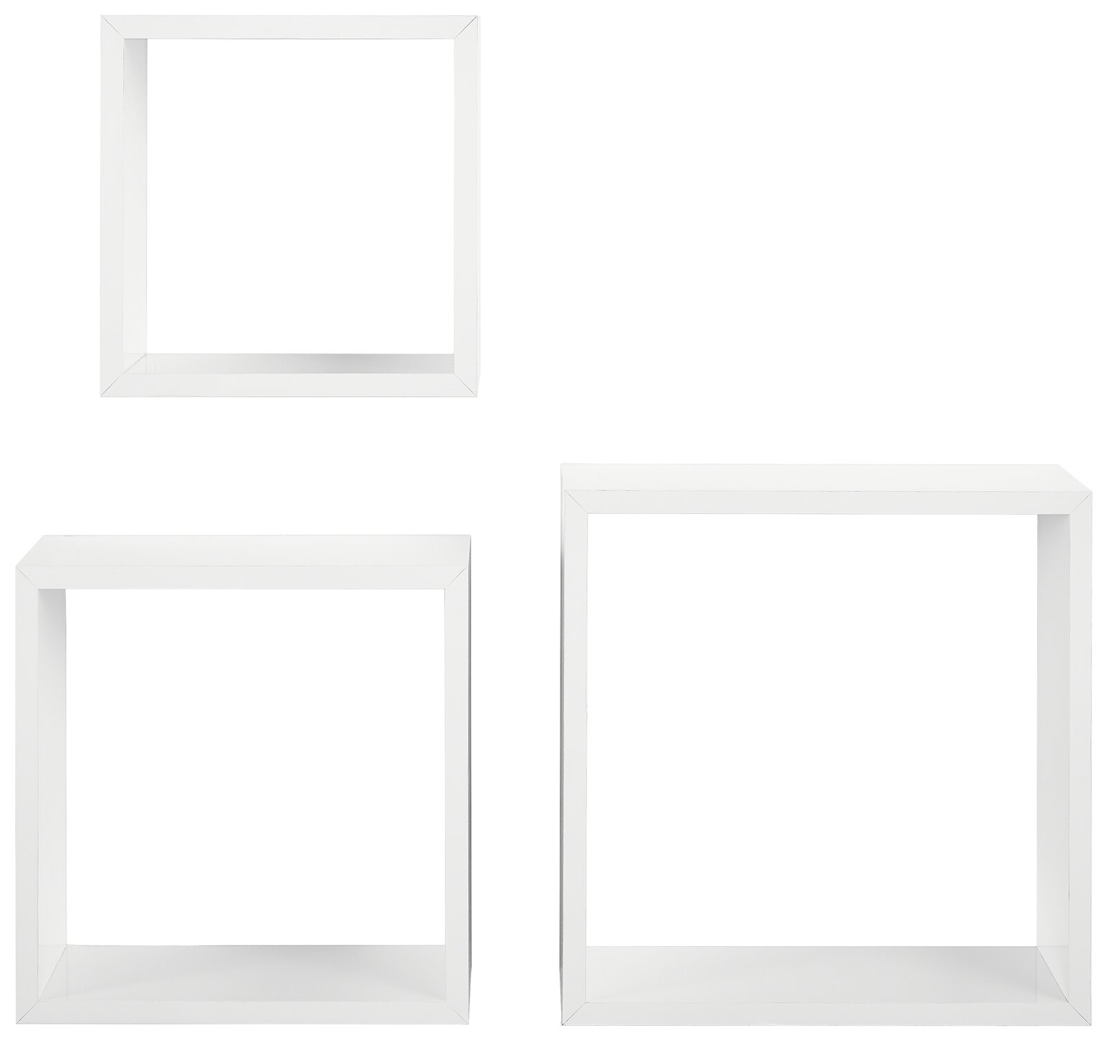 Dreiteiliges Wandregal-Set in Weiß, bestehend aus quadratischen und rechteckigen Regalen, frontal abgebildet.