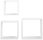 Dreiteiliges Wandregal-Set in Weiß, bestehend aus quadratischen und rechteckigen Regalen, frontal abgebildet.