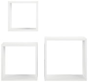 Dreiteiliges Wandregal-Set in Weiß, bestehend aus quadratischen und rechteckigen Regalen, frontal abgebildet.