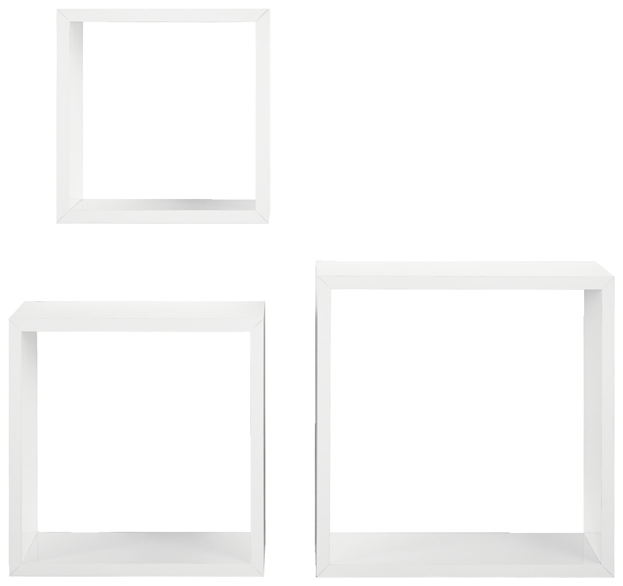 Dreiteiliges Wandregal-Set in Weiß, bestehend aus quadratischen und rechteckigen Regalen, frontal abgebildet.